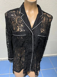 QED London Black Lace w/ White Piping Button Long Sleeve Blouse Womens UK 8 NEW - Picture 1 of 10