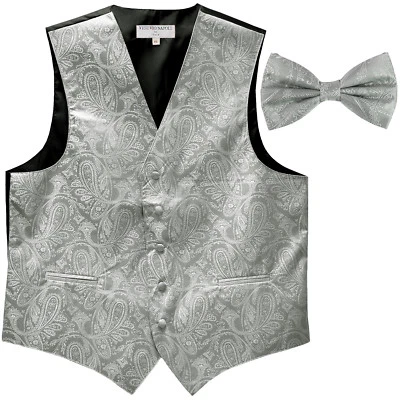 New Men's Formal Vest Tuxedo Waistcoat_pre tie bow tie paisley slim fit silver - Image 1 of 4