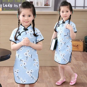 Kids Girls Cheongsam Princess Dress Chinese Floral Cotton Linen Qipao Pink Blue - Picture 1 of 9