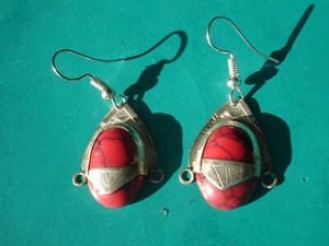 SILVER Niger Tuareg PINK MALACHITE oval earrings + silver hooks L22 mm - Picture 1 of 6