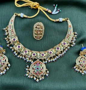 Golden Necklace Earrings Set Emerald Ruby Cz Jadau Hand Made - Picture 1 of 3