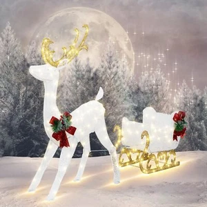 4FT Lighted Christmas Reindeer & Sleigh Outdoor Yard Decoration Set W/ 205 LE... - Picture 1 of 8