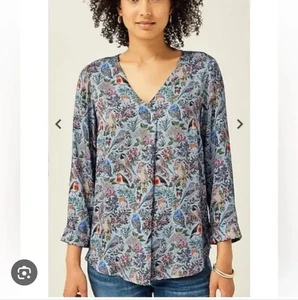 J. Jill Blouse Size Large Blue Perched Bird Print VNeck Lenzing Ecovero Viscose - Picture 1 of 7