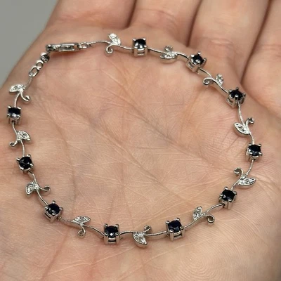 Vintage Dainty Sapphire Flower Diamond Leaf Bracelet in 14k White Gold 6.5” 6.3g - Image 1 of 4