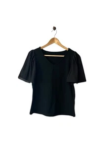 Flutter Ruffle Short Sleeve Black Top V-neck Ribbed Rayon Blend Stretchy LARGE - Picture 1 of 6