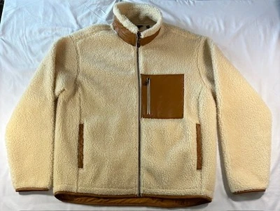 Orvis Jacket Mens L Beige Stowe Sherpa Deep Pile Zip Fleece Leather Trim Warm - Image 1 of 4