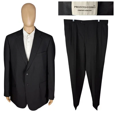 Pronto Uomo Comfort Stretch Two Piece Solid Black Wool Suit 46L Tall Pants 39X30 - Image 1 of 4