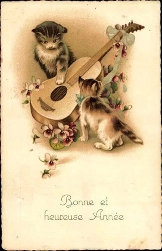 Litografía antigua rara de Navidad de los años 20 vintage. Postal francesa gatito gato Foto 1 de 1