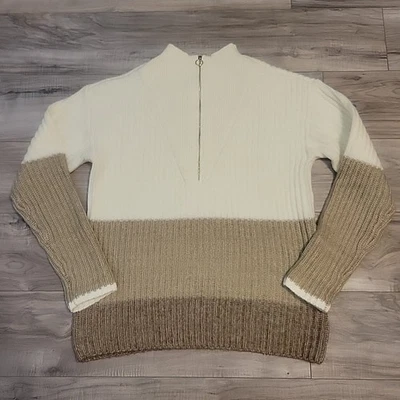 Talbot 针织毛衣女式 S/P 米色棕色半拉链圆领五颜六色的学院风 — 第 1/4 张图片