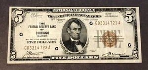 1929 $5 US National Currency Federal Reserve Bank Chicago Illinois Note - Picture 1 of 2