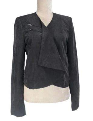DOUBLE ZERO Women Size L Black Faux Suede Open Front Draped Jacket Long Sleeve - Image 1 of 4