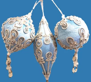 3 GORGEOUS Christmas Ornaments Blue Velvet, Rhinestone, Silver beads Handcrafted - Picture 1 of 20
