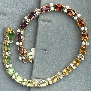 14K Yellow Gold Diamond Multi-Color Ombré Rainbow Gems Tennis Bracelet 7.25"