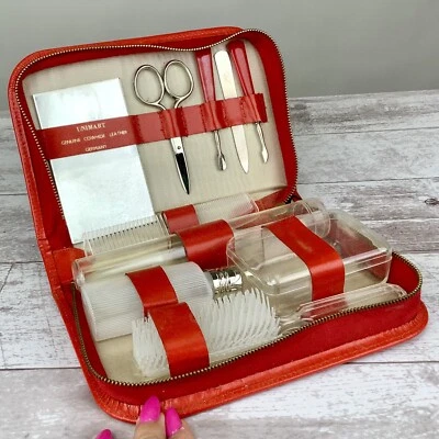 Vintage 1950s Cosmetics UnimartTravel Case Red Cowhide Travel Supplies Case - Image 1 of 4