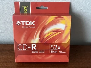 TDK CD-R 52X Recordable 80Min 700MB/MO 5 Pack New Sealed - Picture 1 of 5