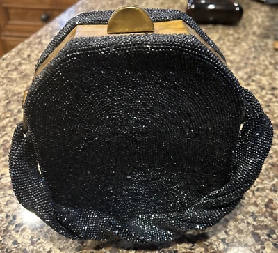 1930 Art Deco M&E Azul Pavo Real Carnaval Vidrio Cuentas Caja Redonda Bolso Cartera Foto 1 de 4