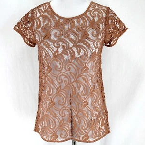 Blusa transparente Ann Taylor LOFT de encaje para mujer talla XS marrón manga corta - Imagen 1 de 7