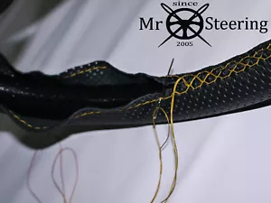 FOR MERCEDES W123 PERFORATED LEATHER STEERING WHEEL COVER 76-85 YELLOW DOUBLE ST - Picture 1 of 3