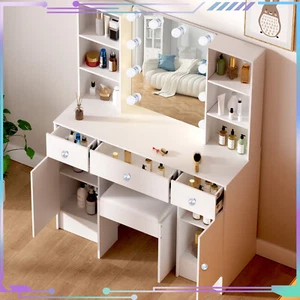 Vanity Table Set w/ 10 LED Lighted Mirror Dressing Table Dresser Desk with Stool - Picture 1 of 8