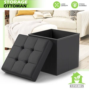 Otomana de almacenamiento de cuero sintético negra asiento cubo clásico decoración entrada hogar bancos - Imagen 1 de 9