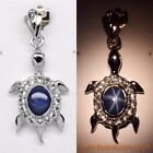8x6mm Dark Blue Natural 6 Ray Star-Sapphire Turtle Pendant With Topaz 925 Silver