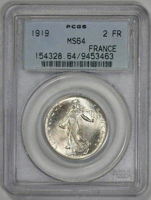 1919 France Silver 2 Franc PCGS MS 64 - Image 1 of 4