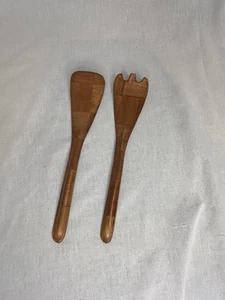 Vintage SALAD SERVER SET Spoon And Fork Teak Wood Patch Pattern 10” - Picture 1 of 8