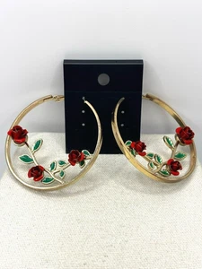 Carved Metal Red Rose Flower Vine Gold Tone 2 Inch Hoop Earrings - Picture 1 of 24