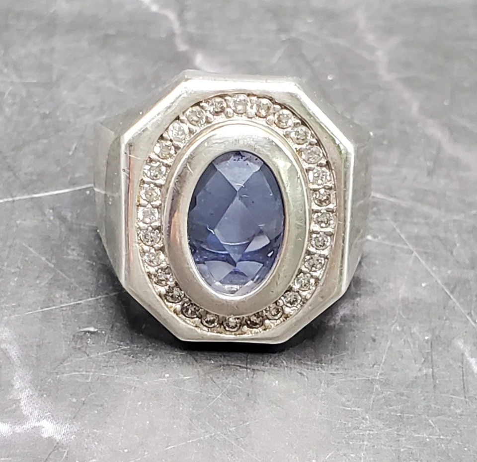 Созданный в лаборатории танзанит с кубическим цирконием серебро 925 пробы джентльменское кольцо - Изображение 1 из 4
