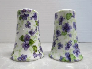 LEFTON CHINA HAND PAINTED SALT AND PEPPER SHAKER PURPLE VIOLETS FLOWERS - Picture 1 of 5