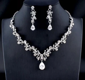 Modeschmuck Set Silberfarben Halskette & Ohrringe Zirkon Mo202. - Bild 1 von 6