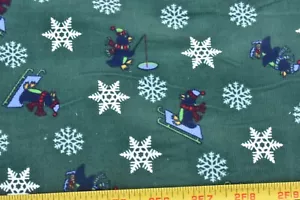 By 1/2 Yd, 43" Wide, Penguin Winter Play on Green Cotton Mini-Wale Corduroy,EB61 - Picture 1 of 5