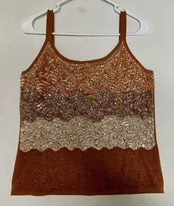 Joseph A Silk Blend Tank Shell Sequins Striped Knit Size Medium Brown Tan - Picture 1 of 7