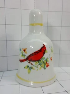 Vintage Red Cardinal Bird Porcelain White Ceramic Bell With Flowers  #232 - Picture 1 of 4