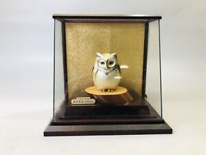 Y6115 OKIMONO Silver owl figurine signed glass case Japan antique interior decor