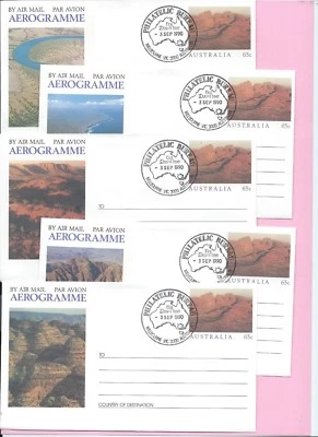 AUSTRALIA 1990 Set of 5 AEROGRAMME'S FDC's - SCENIC VIEWS  - Unaddressed - Image 1 of 2