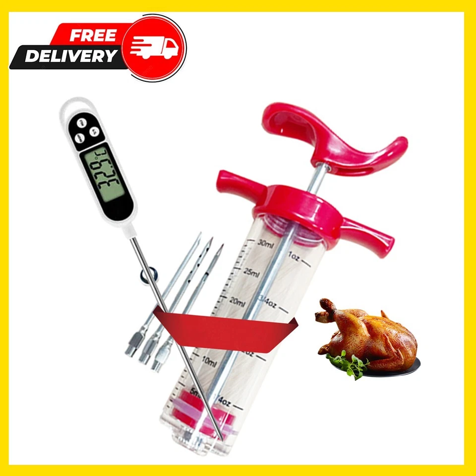 BBQ Digital Meat Thermometer With 3 Needles Meat Injector Syringe Kit 2 Pack - Image 1 of 4