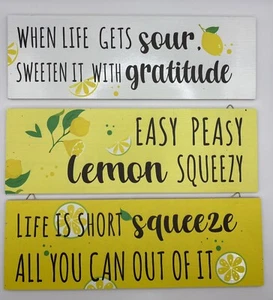 Home Decor Lemon Sign 3 Pieces Hang Plaque Gift House Cute Quote Yellow Wood - Picture 1 of 2