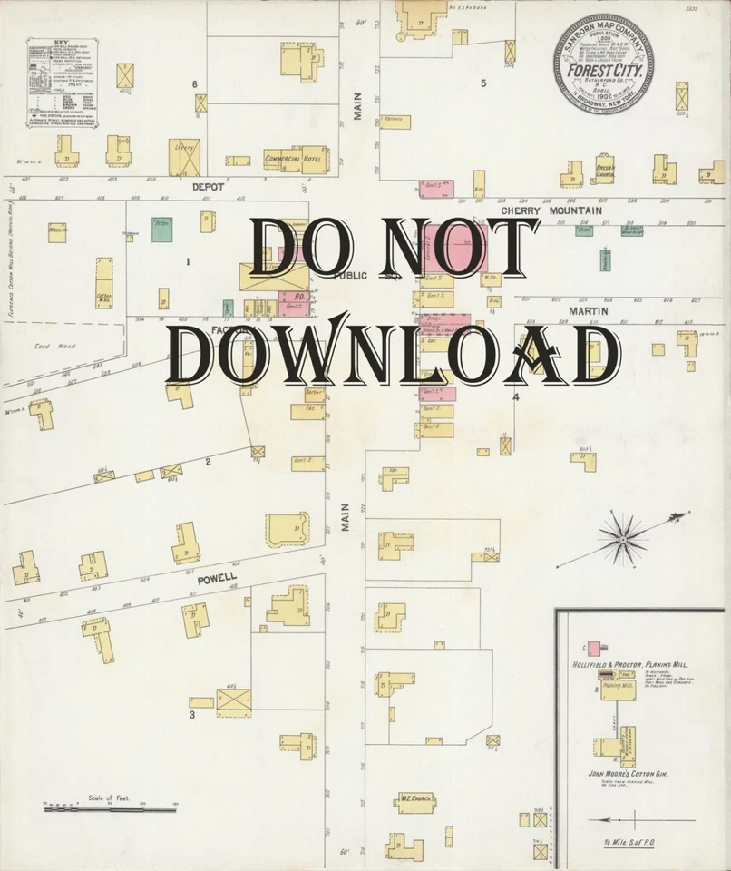 1902 Историческая КОПИЯ карты Лесной город Северная Каролина 17 дюймов x 20 дюймов ОЧЕНЬ ПОДРОБНАЯ - Изображение 1 из 1