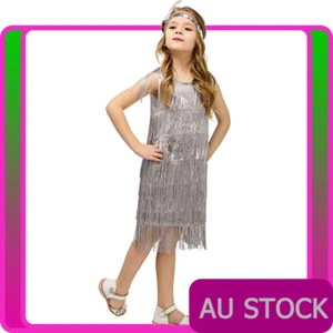 20s Girls Gatsby Costume 1920s Child Kids Grey Flapper Charleston Fancy Dress - Picture 1 of 3