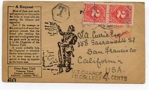 1918, WWI Post Collect Card, Postage Due 4c. Over Seas Club Tobacco Fund London - Picture 1 of 2
