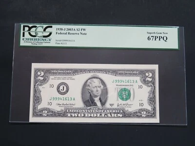 2003A- $2 FEDERAL RESERVE- KANSAS -CUT WITH OVER SIZED - PCGS -SUPER GEM NEW 67  - Image 1 of 2