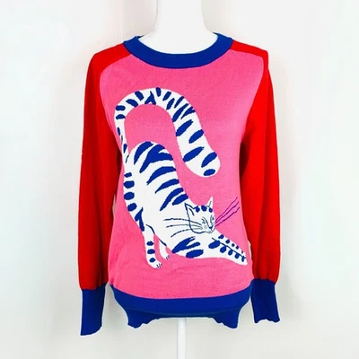 NWT OxKnit Women M Sweater Stretching Cat Colorblock Whimsical 100% Cotton - Image 1 of 4