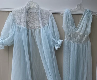 VTG Nightgown Robe Set Sz Medium Sheer Nylon Made USA Peignoir 2 Pc Baby Blue - Image 1 of 4