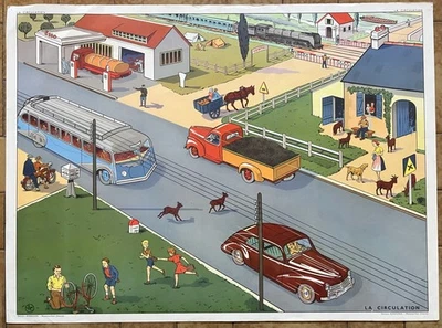 🛣️ Ancienne affiche scolaire Rossignol, 1950 - Route, restaurant, Peugeot 203 - Photo 1/4