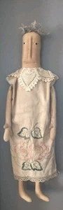 Lg Primitive Doll Handmade Cloth 28” Tall Very Old Embroidered Material Dress B - Picture 1 of 7