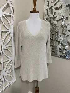 EILEEN FISHER xlarge BONE COLOR V NECK 100% SILK KNIT 3/4 SLEEVE SWEATER - Picture 1 of 7