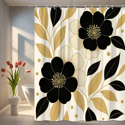 Elegante cortina de ducha floral negra y dorada para decoración moderna Foto 1 de 4