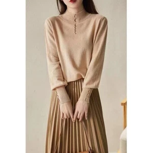 Korean Women Beads Mock Neck Soft Casual Knit Tops Shirt Blouse Sweater Pullover - Picture 1 of 8