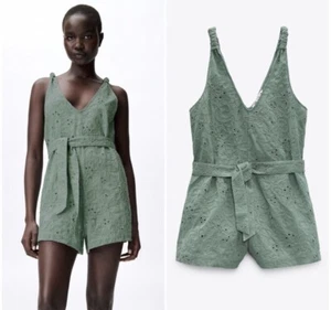 Zara Embroidered Eyelet Sage Green Casual Romper NO BELT Womens Size Small - Picture 1 of 10